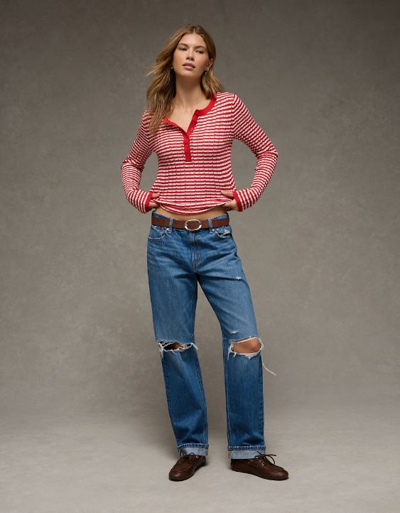 AE Pointelle Henley Sweater Top