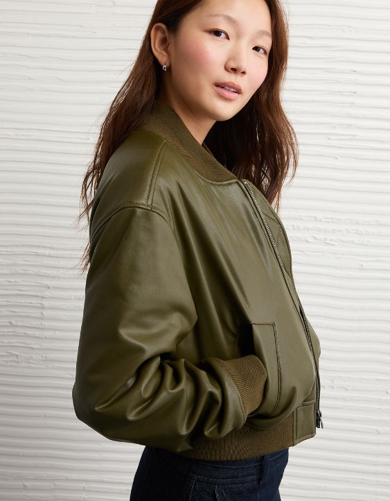 AE Faux Leather Cropped Bomber Jacket
