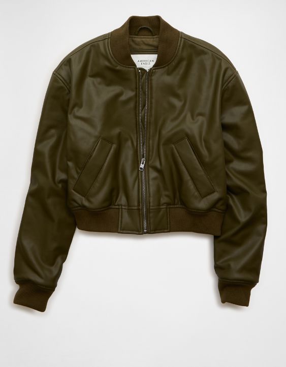 AE Faux Leather Cropped Bomber Jacket