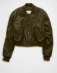 AE Faux Leather Cropped Bomber Jacket