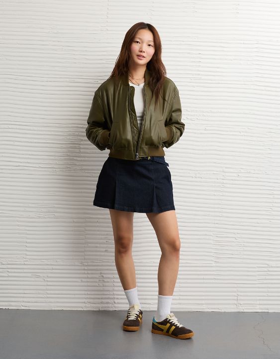 AE Faux Leather Cropped Bomber Jacket