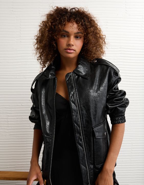 AE Oversized Vegan Leather Bomber Jacket