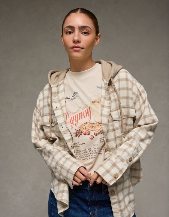 AE Plaid Hooded Button-Up Shirt