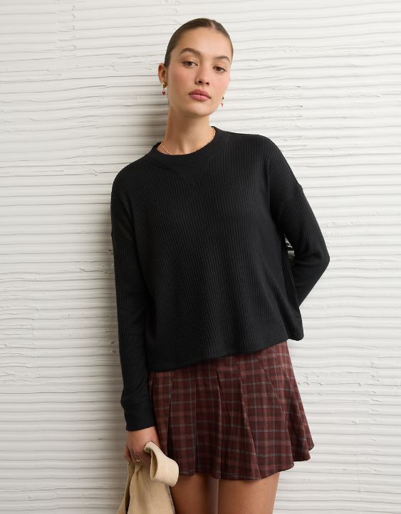 AE Long-Sleeve Waffle Plush Crew Neck Tee