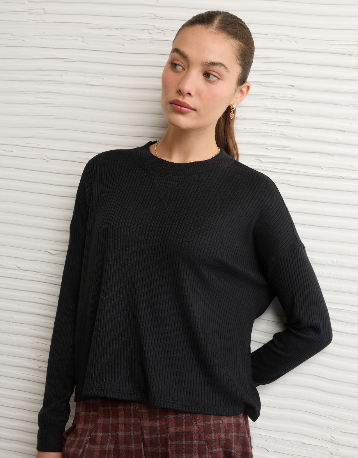 AE Long-Sleeve Waffle Plush Crew Neck Tee