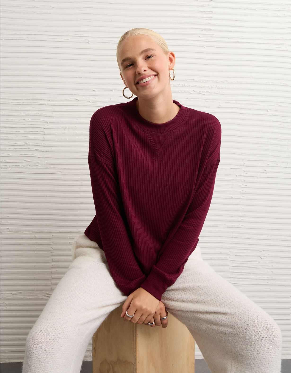 AE Long-Sleeve Waffle Plush Crew Neck Tee