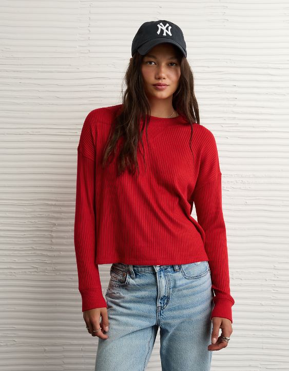 AE Long-Sleeve Waffle Plush Crew Neck Tee