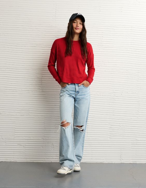 AE Long-Sleeve Waffle Plush Crew Neck Tee